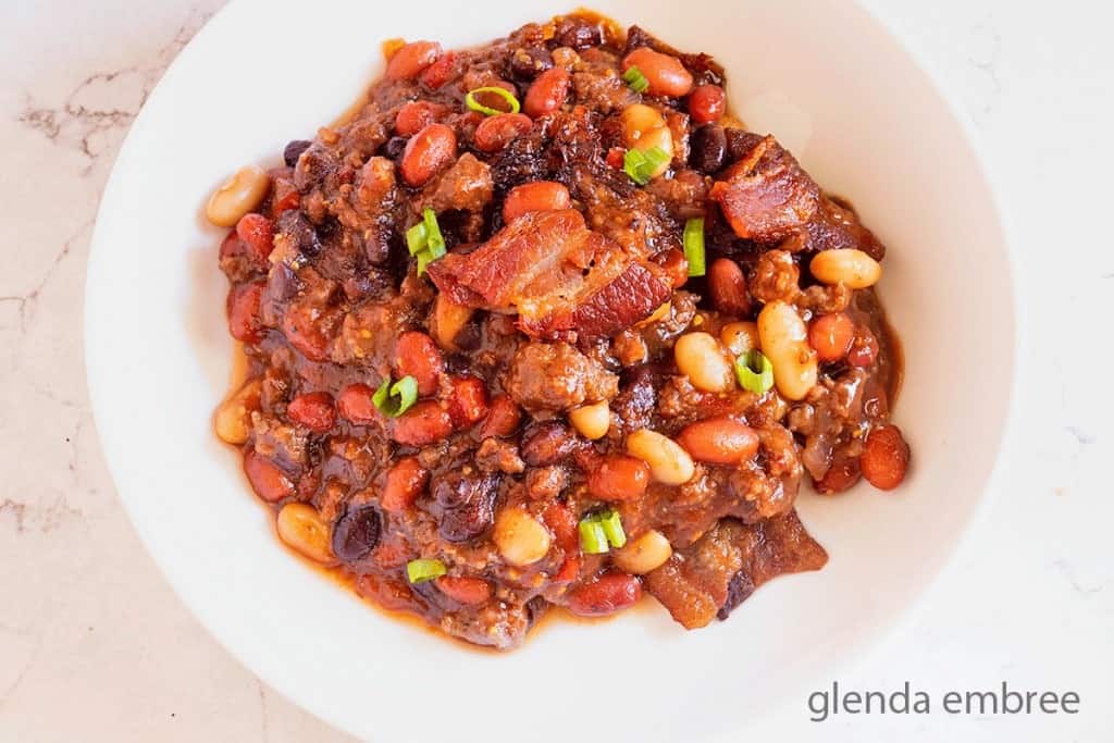 Baked Bean Casserole in a white bowl.